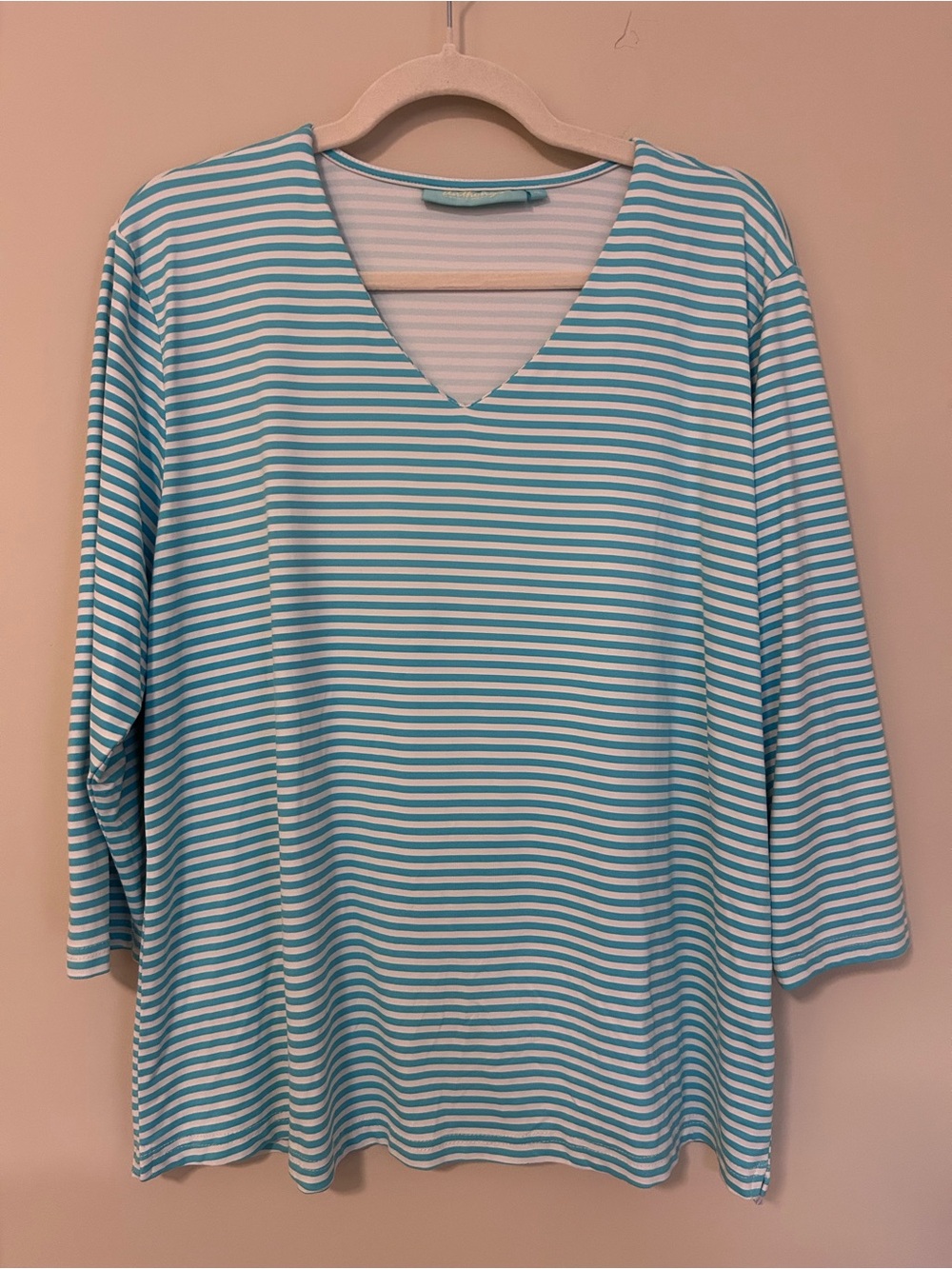 Anthonys Resort Wear Turquoise White Striped UPF50 V Neck Coastal Top XL